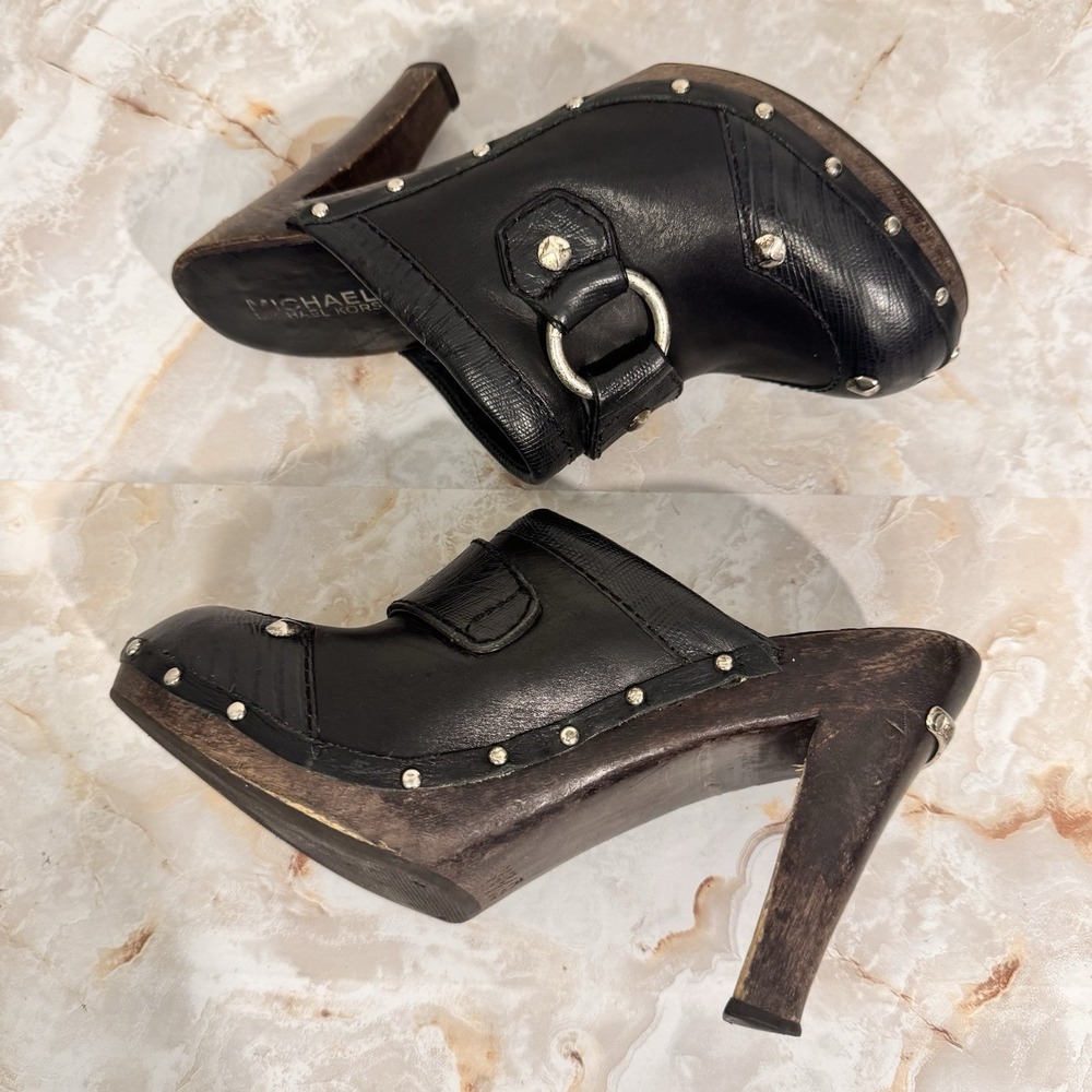 Michael Kors Clog Mules Women 6.5 Black Studded Leather Wood Heel Platform Boho